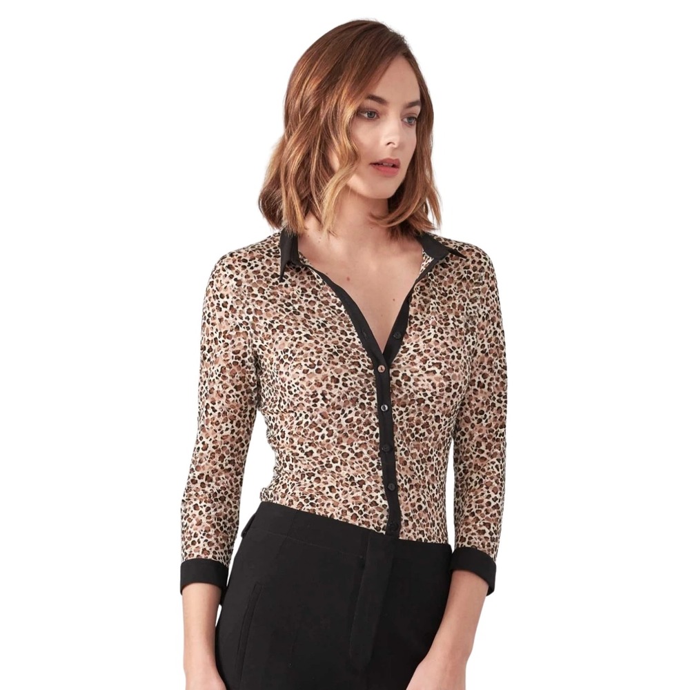 Anne Fontaine Top Womens EU 38 US 4 PYLA Leopard Print Lace Mesh Button Down NWT